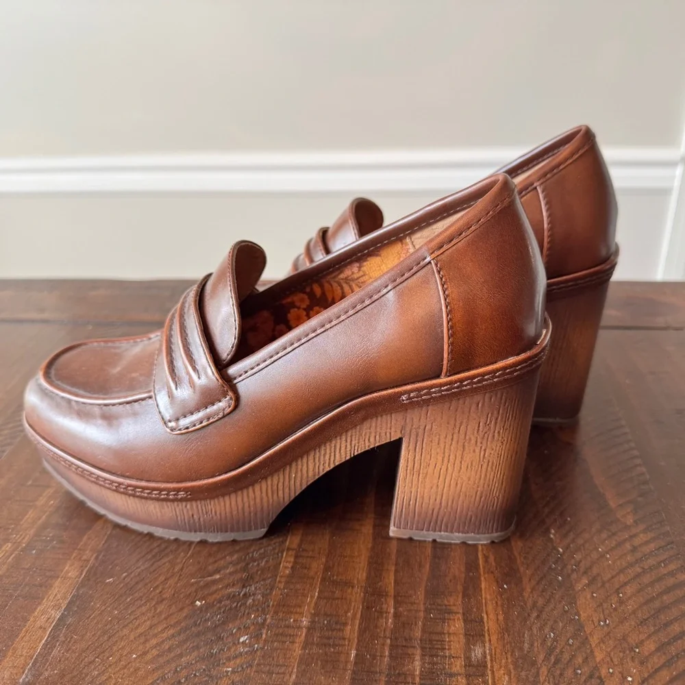 Korks Regina Brown Leather Platform Loafer Heel size 6 Never Worn - Picture 4 of 12